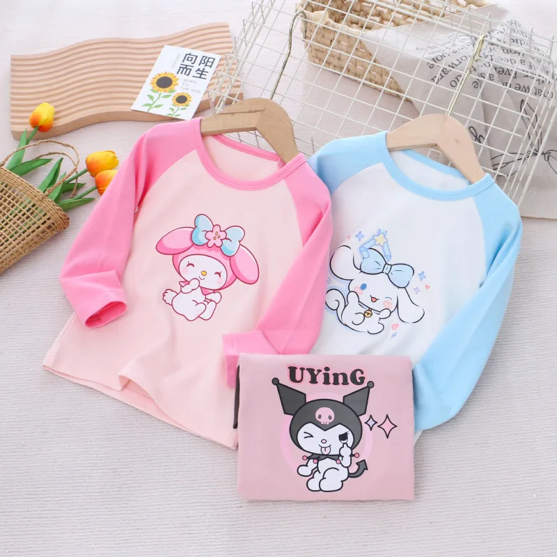 Sanrios My Melody Cinnamoro Kuromi Girl Bottoming Shirt Long-Sleeved T-Shirt Raglan Sleeve Tops Round-Neck Pullover Kids Clothse