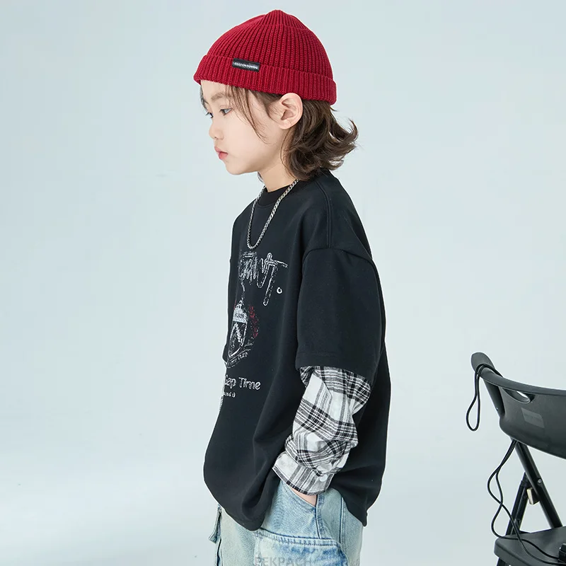 Cool Kids Tops Cotton Sweatshirt Korean Fake 2 Pieces Outerwear Fashion Casual Spring Autumn Big Boy Child Long-Sleeved Clothes - view 5