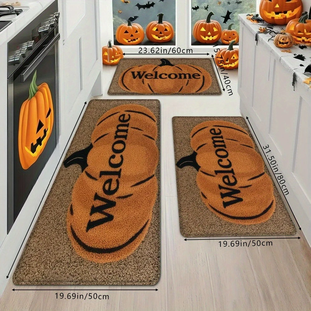 Welcome Pumpkin Halloween Runner Rug 1/2/3pc Set Kitchen Entryway Front Door Back Door Hallway Corridor Floor Mat Doormat