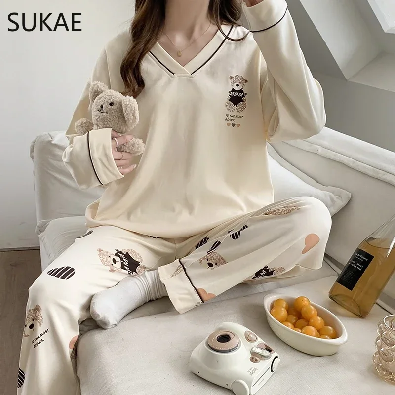 SUKAE New Korean Womens Long Sleeves Pajamas Set Sweet Faux Cotton Sleepwear Casual Woman\'s Homesuits Pullover Pijamas for Girl