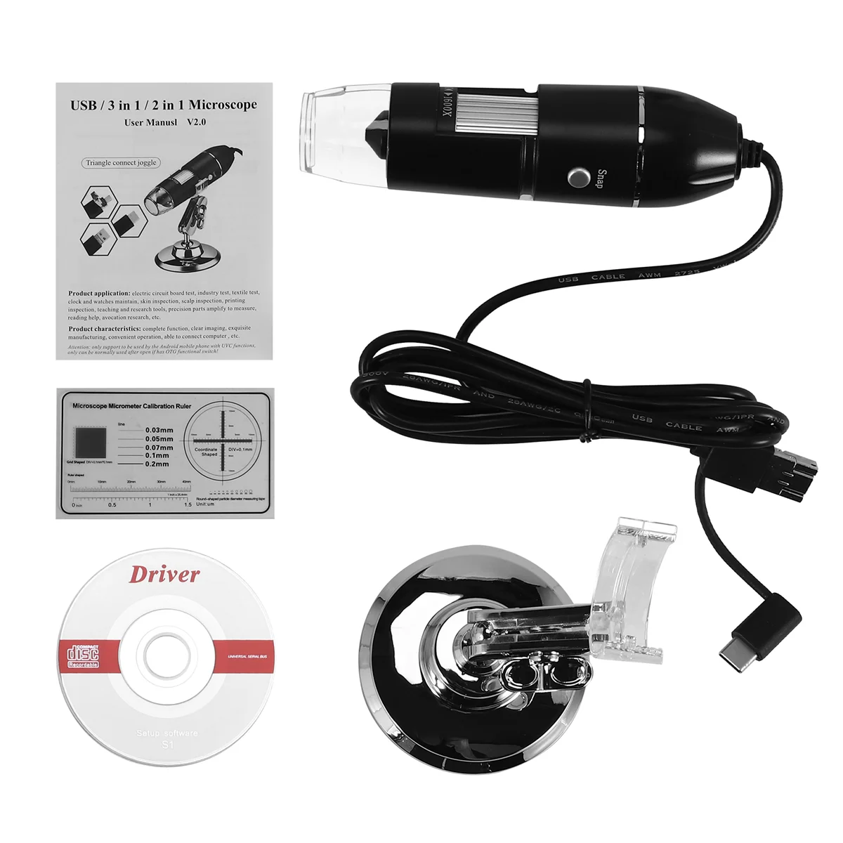 3 in 1 USB Digital Microscope, Endoscopic Camera, Adjustable Magnification with PC Bracket, 1600X