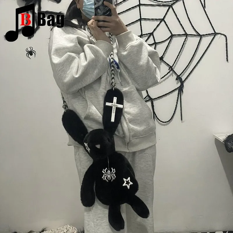 Harajuku Gothic Women Chain Crossbody Bags Soft Plush Ladies Purse Hanbag Female Y2K Girl Punk shoulder bag tote Bunny Backpack