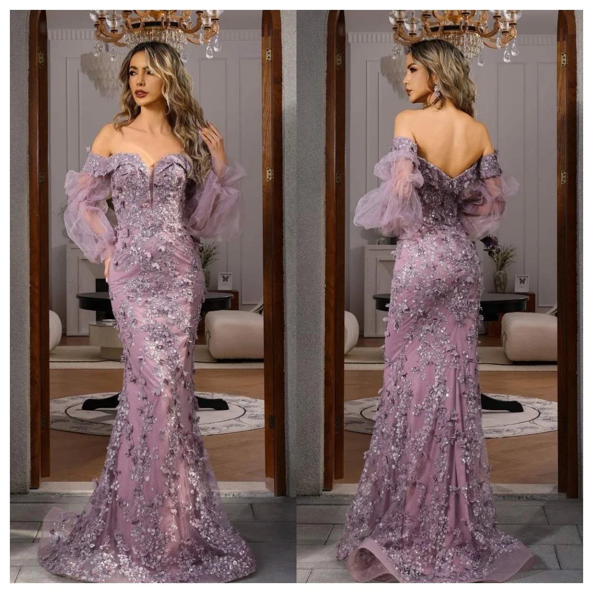 

Custom One Shoulder Puff Mesh Sleeves Prom Dress 3 Floral Lace Mermaid Evening Dress 2026 Long Appliqué Beading Wedding Party