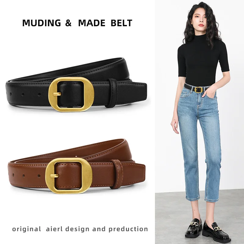 

2024 Women 105cm Leather Belt Real Cowhide Versatile New Fashion Decorative Jeans With Casual Simple Black