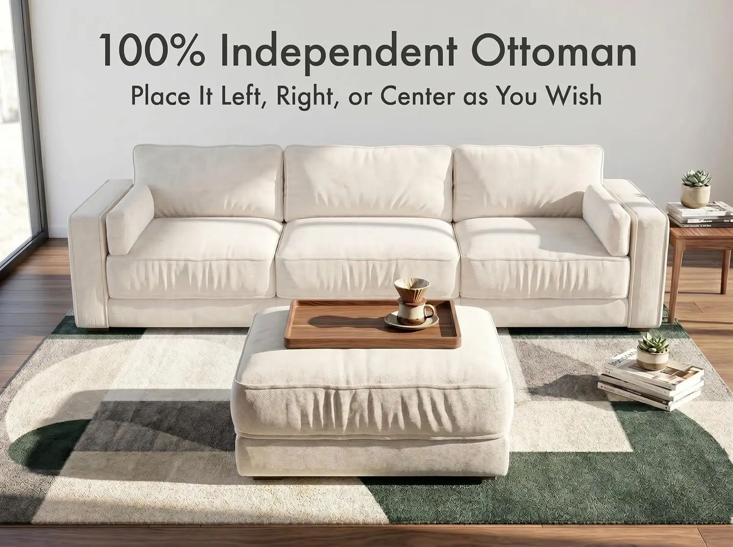 L-Shaped Modular Sectional Sofa, Cloud Sofa with Movable Ottoman, 4-Seat Chenille Deep Seat with Pillow  Beige, Customized