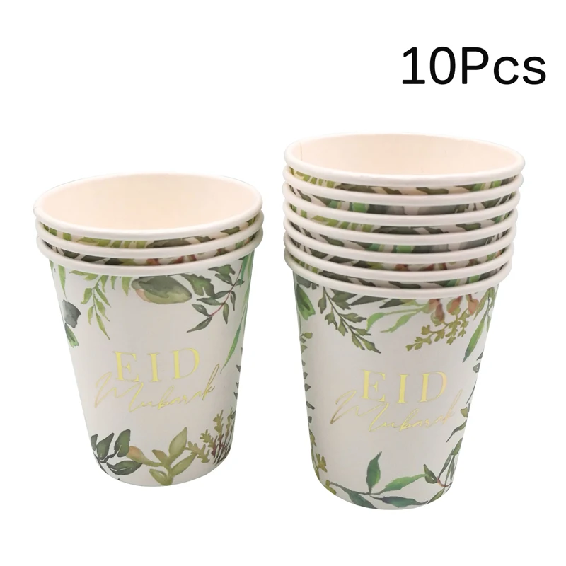 10Pcs Leaves Eid Mubarak Disposable Paper Cup Plate Ramadan Mubarak Hijab Muslim Islamic Festival Party DIY Decoration Supplies