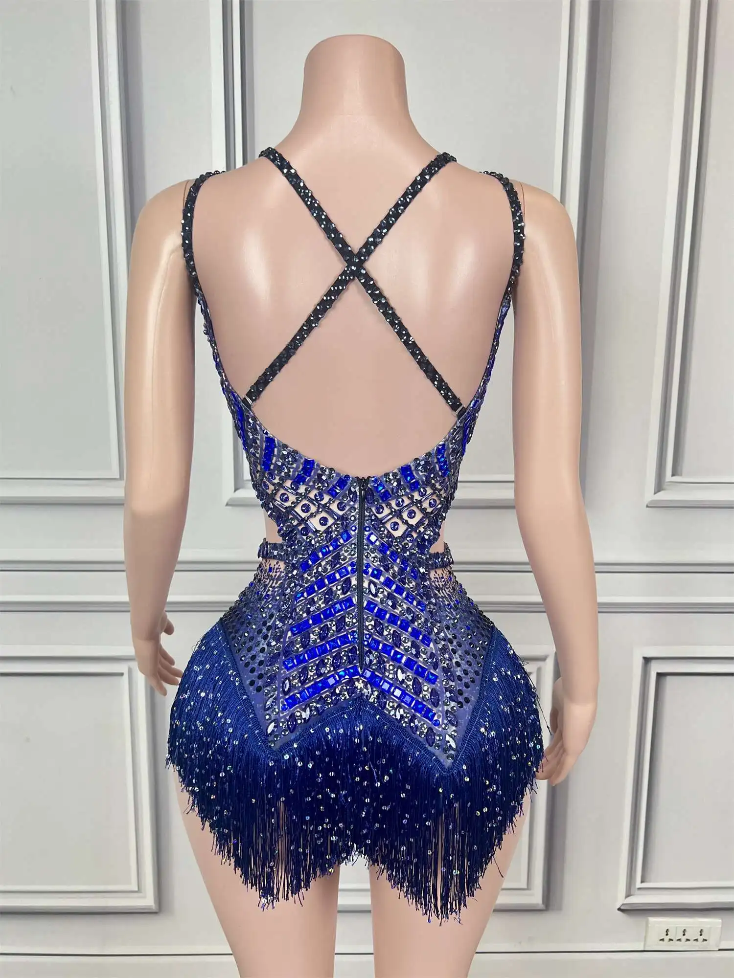 High-end Sparkly Rhinestones Tassel Backless Bodysuit for Women Nightclub Sexy Performance Costume gig Dancer Show Stage Wear