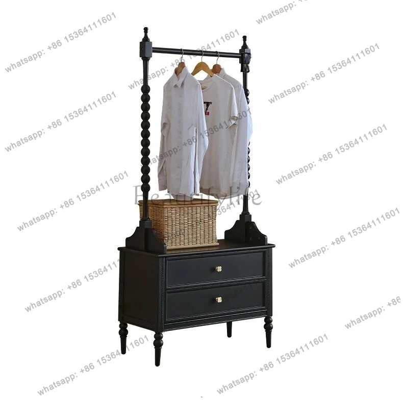 

French solid wood floor coat rack bedside table integrated black open wardrobe retro hanger