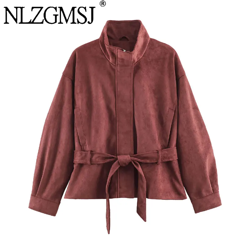 NLZGMSJ Women Autumn Winter Streetwear Belt Jacket Vintage Faux Suede Stand-Collar Zipper Coat 2026 Trendy Commute Casual Coat