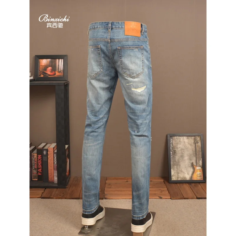 2025 Модные синие рваные джинсы в стиле ретро, мужские эластичные модные уличные классические брюки с маленькими штанинами