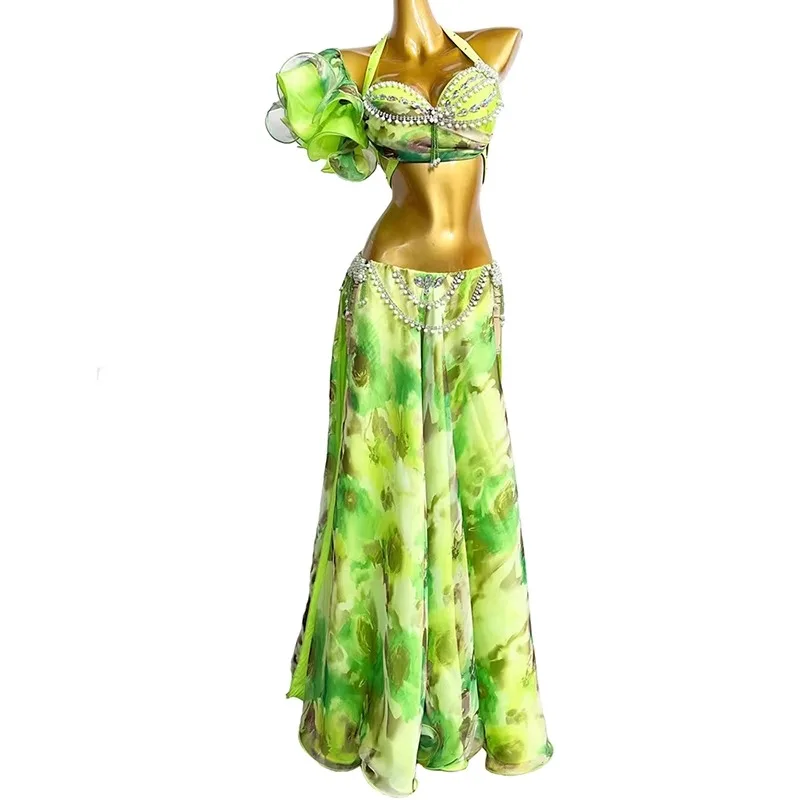 customized belly dance performance costume women oriental print chiffon pearl flower hot stamping bra double slit long skirt set
