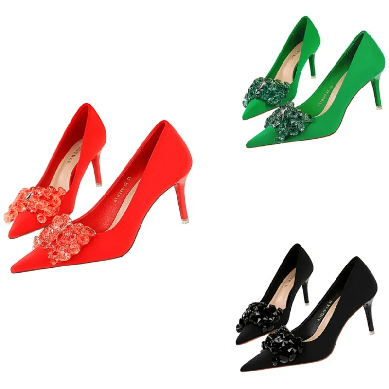 Women Dress Shoes Luxury 7.5cm 10.5cm High Heels Green Red Prom Bow Shoes Lady  Evening Low Heels Bling Rhinestone Satin Pumps