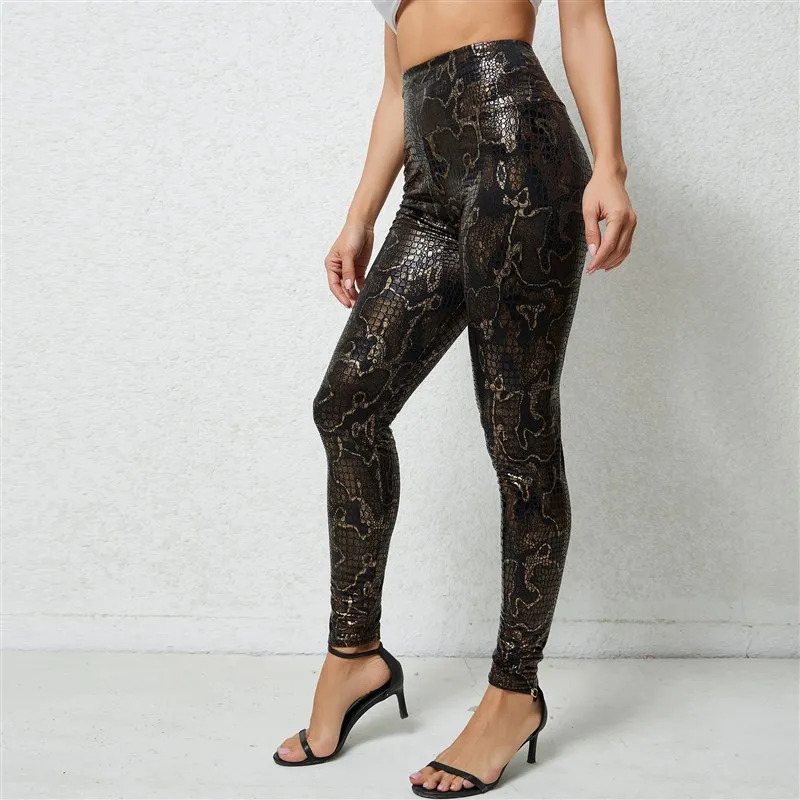 

High Waist Gold Foil Snake Print Leggings Women's Tight Sport Nine-Piece Pants Other Material 00% Autumn Season
