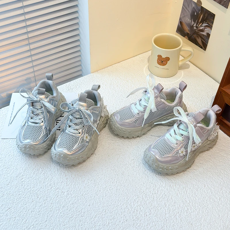 2026 Autumn Mesh Splicing Kids Chunky Comfortable Sneakers for Girls New Shock Absorbing Non Slip Fashion Daily Outdoor Shoes