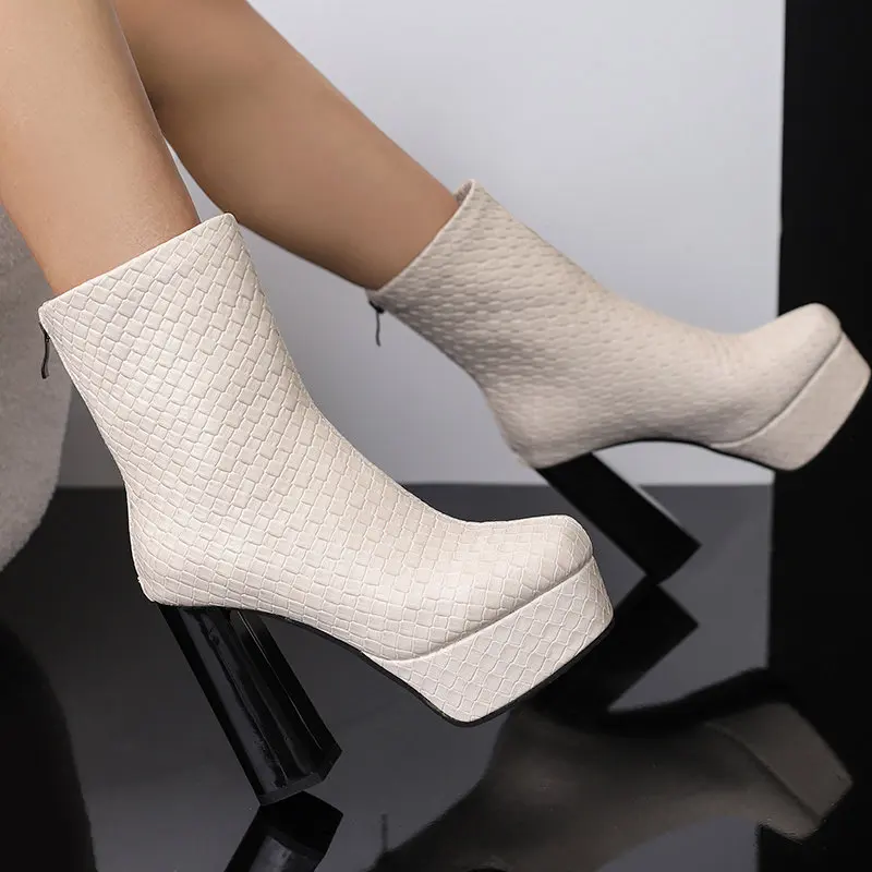 REAVE CAT Fashion Ladies Ankle Boots Toe High Heels 12.5cm Platform 3.5cm Sexy Women Booties Big Size 49 50