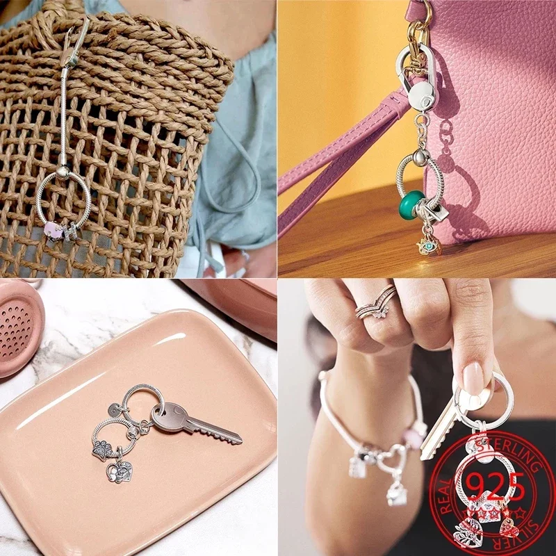 925 Sterling Silver Moment Key Ring Small Bag Heart Charm Holder Fit Charms Silver 925 Original for Women Bracelet Keychain