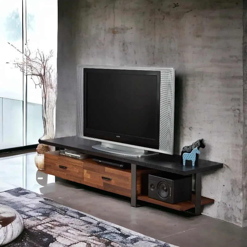 Walnut and black 2-drawer TV stand with 1 shelf, elegant and practical furniture accessories