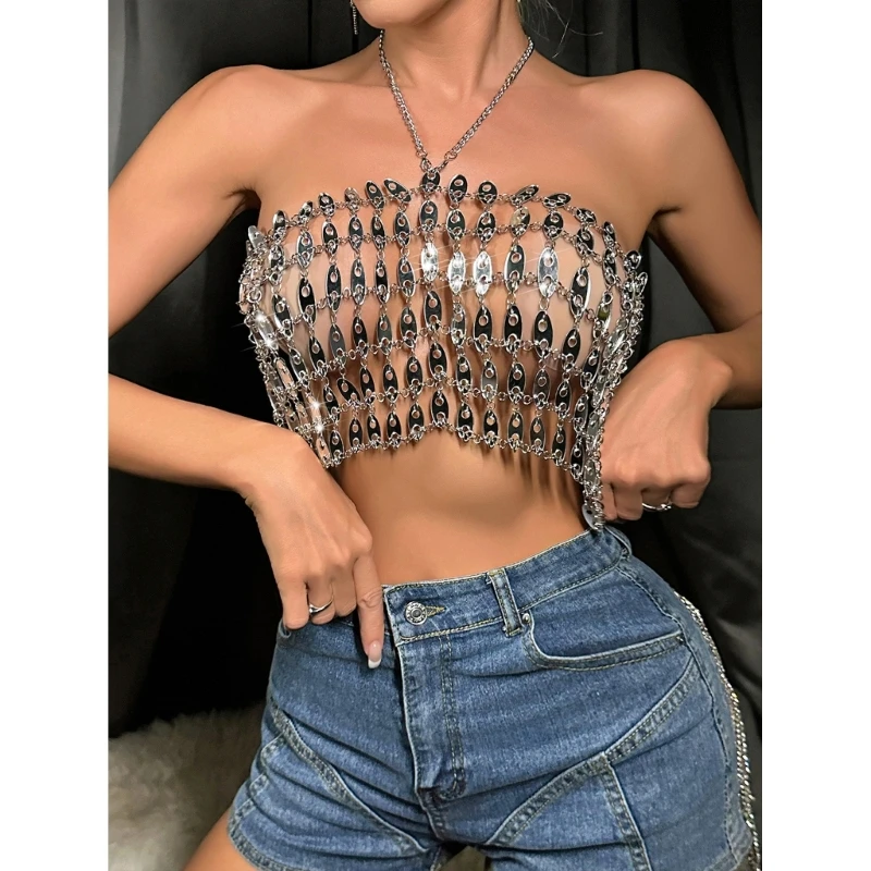 Tops cortos sexys con cadena acrílica para mujer, Tops cortos calados para ropa discoteca