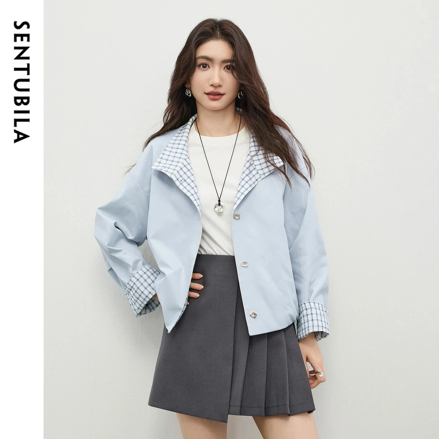 

SENTUBILA Women's Coat 2026 Casual Lapel Collar Color Blocking Grid Pattern Inside Short Jacket Women's Spring Clothes 161WB5821