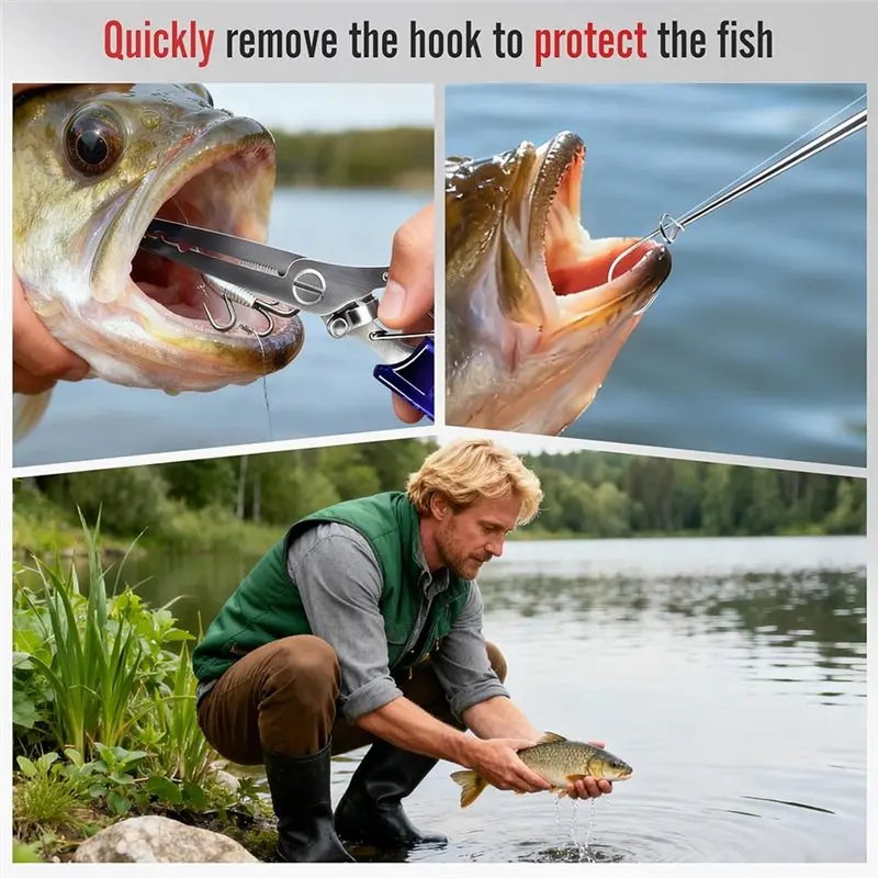 مجموعة كماشة الصيد ABHS - تتضمن مزيلين بخطافات صيد من الفولاذ المقاوم للصدأ + أداة حلقة مقسمة واحدة #5