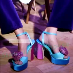 Sandali con plateau a fiori di cristallo donna scintillanti blu di lusso con tacchi alti e grossi scarpe estive Bling Party colori misti sandali eleganti