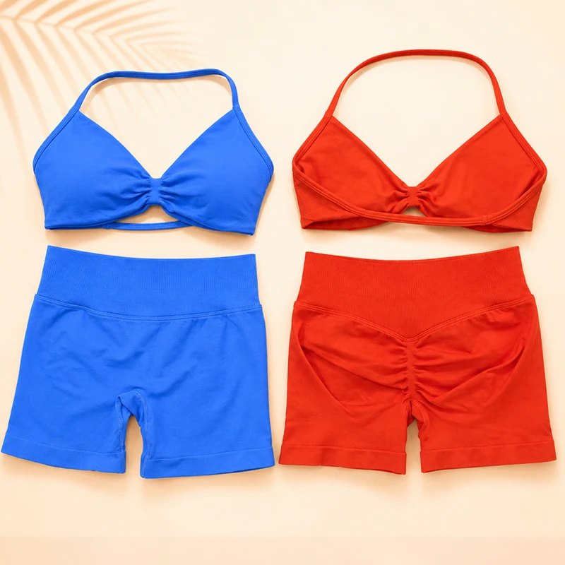 Yoga Gym Set Women Seamless Strappy Y Yoga Bra Top High Waist Workout Scrunch Shorts Sports Set Fitness Clothes Sportswear