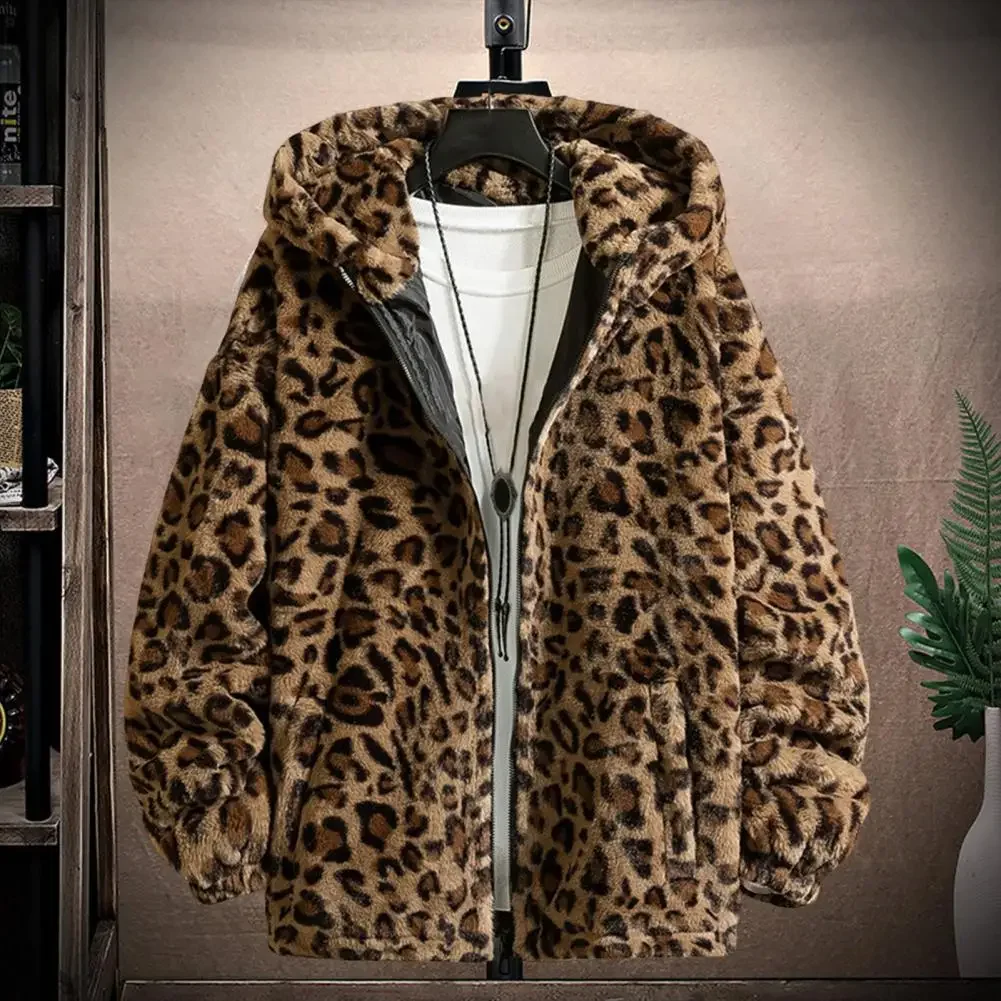 Men's Leopard Print Long Sleeved Pocket Hooded Jacket with Zipper Closure Thick Double-sided Plush Women's Winter Jacket
