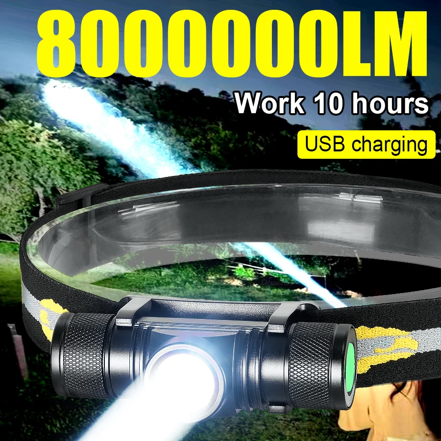 

Новейший светодиодный налобный фонарь 8000000LM, мощная фара 18650, перезаряжаемый USB Type-C, фонарик для кемпинга, охоты, лампа
