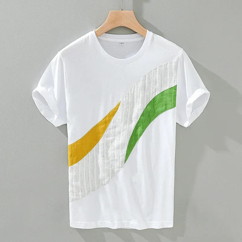 Summer New T Shirt Men Short Sleeve Breathable Pure Cotton Soft Yellow Green Patchwork Casual T-shirt Tops