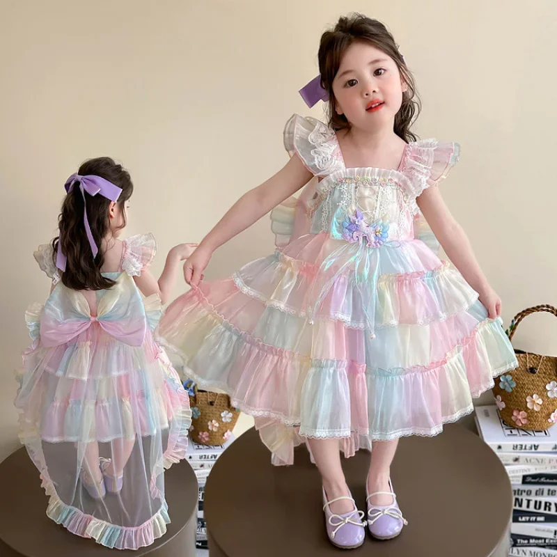 

2025Girls' Summer New Sleeveless Colorful Cake Detachable Veils Princess Dress