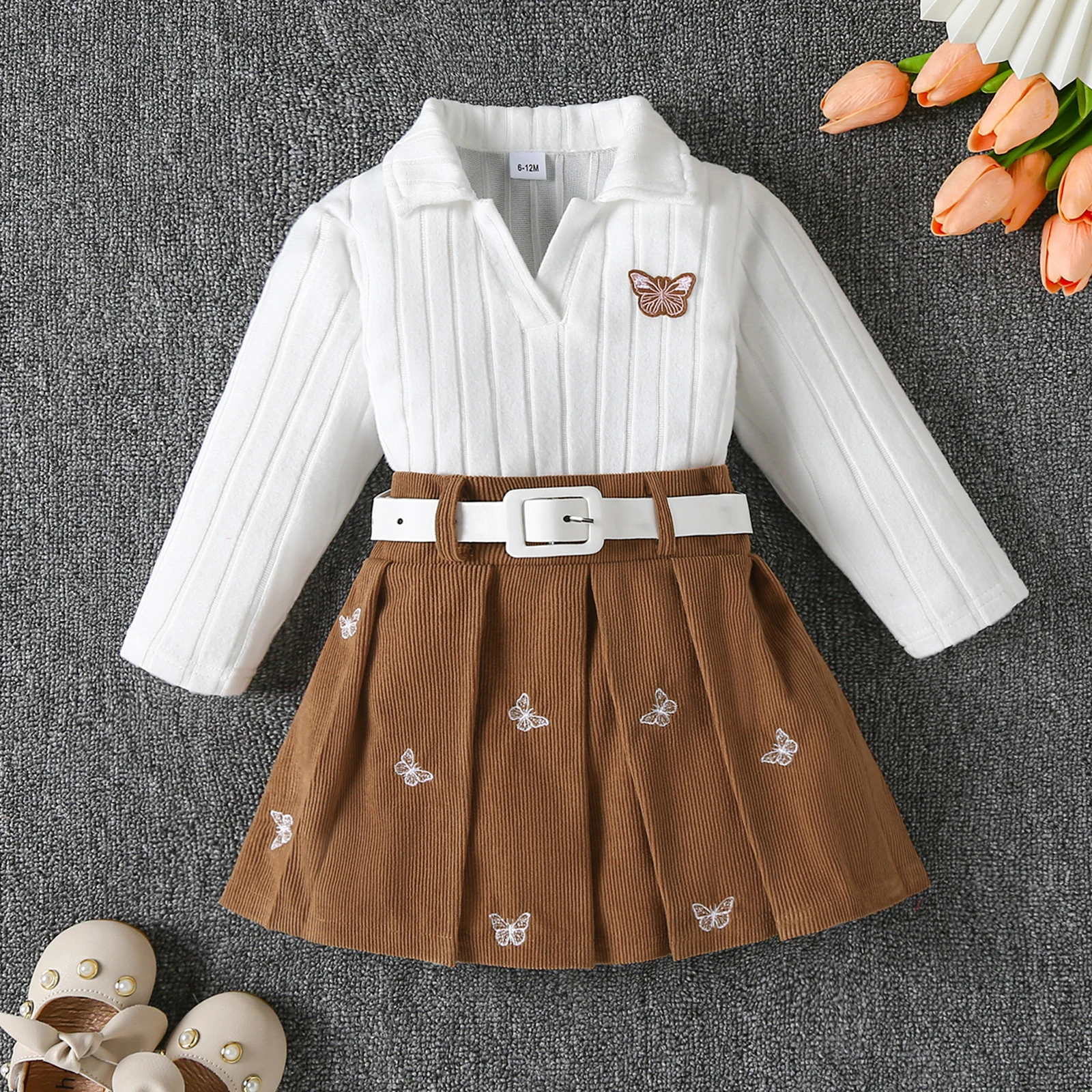 1-5Y Girl Fall Winter Outfit Butterfly Embroidery Long Sleeve Lapel Sweatshirt with Pleated A Line Skirt with Belt