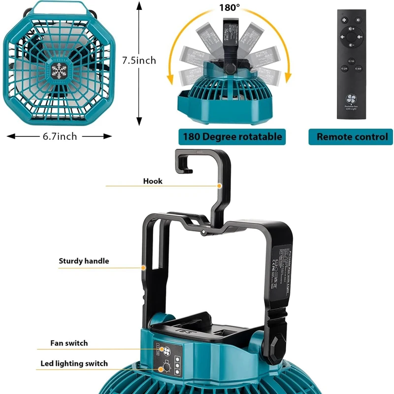 

Cordless Portable Fan with Remote Camping Fan For Bosch 18V Battery with 3Energy Efficient Speed Settings and Dimmable Led Light