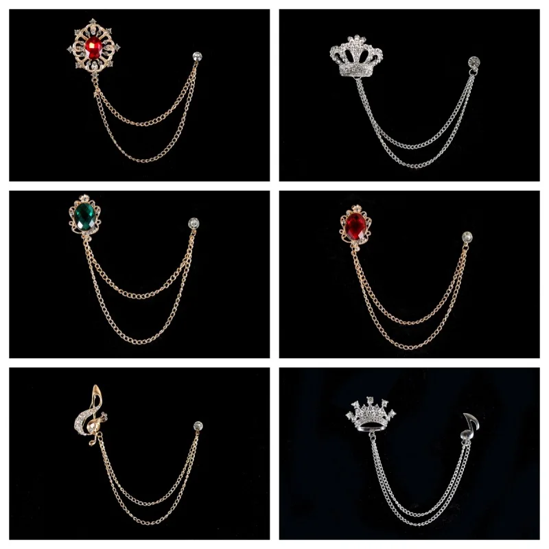 

Korean Vintage Crown Tassel Brooch Accessories Men's Fashion Chain Retro Clothing Jewelry Set Studded Pins for Backpacks