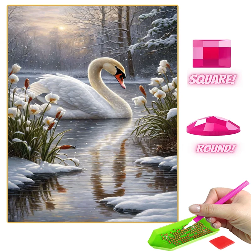 New 2024 Snowy Swan Diamond Painting Full Diamond Mosaic Home Wall Decor Art Embroidery Cross Stitch Landscape Handmade Diy Gift