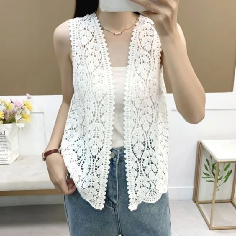 Womens Summer Hollowed Out Crochet Knitted Sleeveless Vests Cardigans Open Front Loose Beach Outwear Sweater Coat