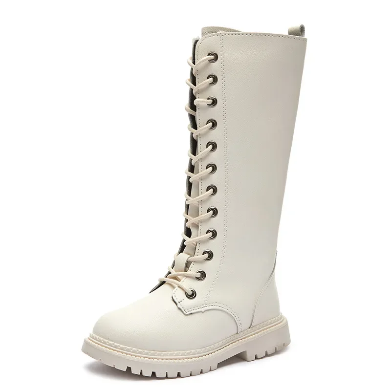 New High Top Cotton Long Boots Kids Princess Boots Children Lace Up Side Zipper Non Slip Fashion Shoes Girls Padded Warm Boots