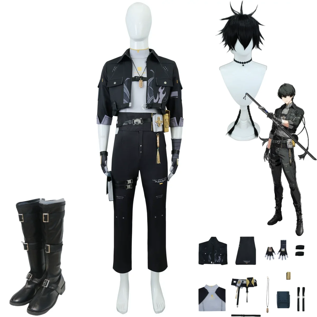 

Game Wuthering Waves Rover Male Cosplay Costume Wig Anime Black Top Coat Pants Combat Uniform Full Set Man Halloween Suit