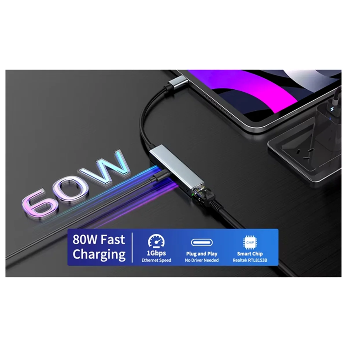 BISMZ 2 em 1 placa de rede USB C com porta de carregamento rápido PD 60W 1000Mbps tipo C para Ethernet RJ45 Lan Gigabit adaptador para PC