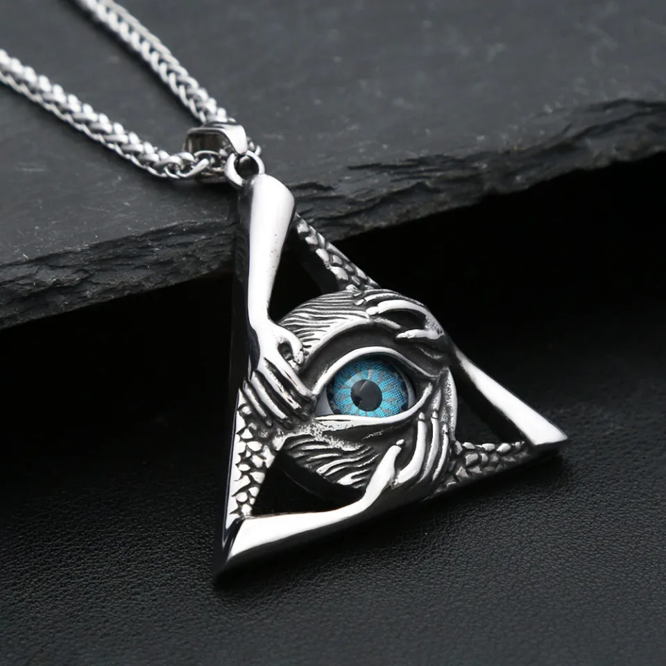 Gothic Vintage Evil Eye Pendant For Men Stainless Steel Punk Hip Hop Fashion Triangle Necklace Unique Amulet Jewelry Wholesale