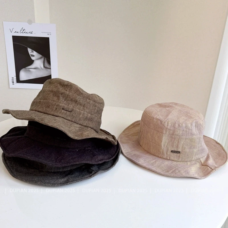 Japanese Style Linen Sun Hat for Women Large Brim Bucket Cap Metal Label Face Covering for Beach Outdoor Fisherman Hats