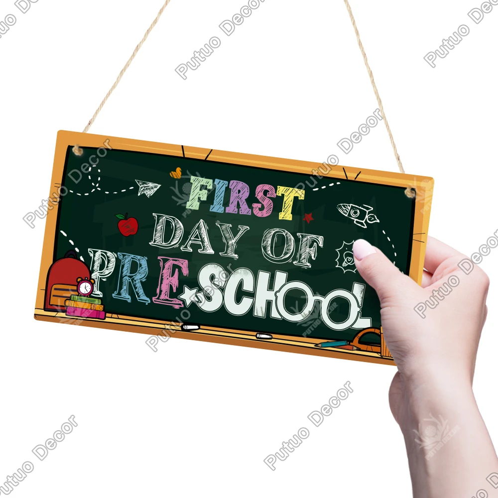 Putuo Decor 1pc Wooden Sign, First Day of Preschool, Wood Hanging Plaque Wall Decor for Preschool,Back to School Season Gifts