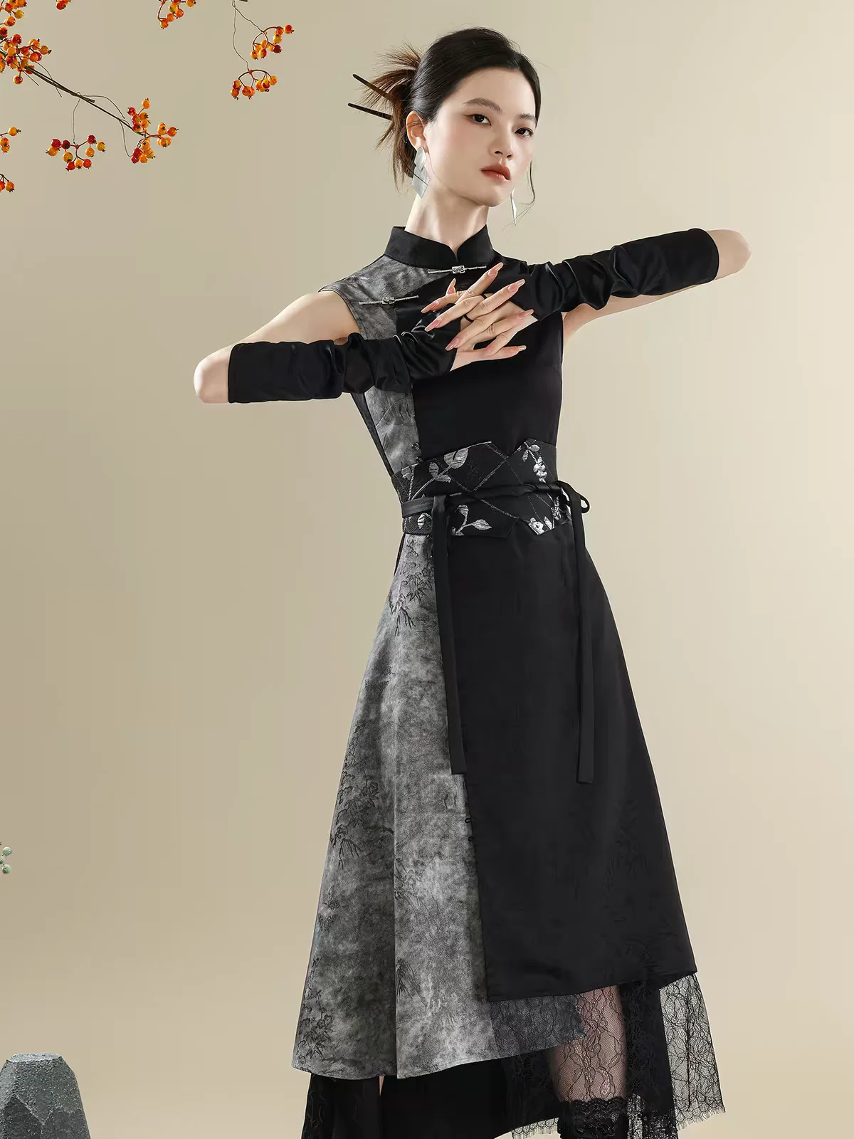 New Chinese Style Dark Grey Wasteland Front Fork Cheongsam Skirt Hottie Serpentine Dress Fiesta Carnival Halloween Cos Cosplay view 3