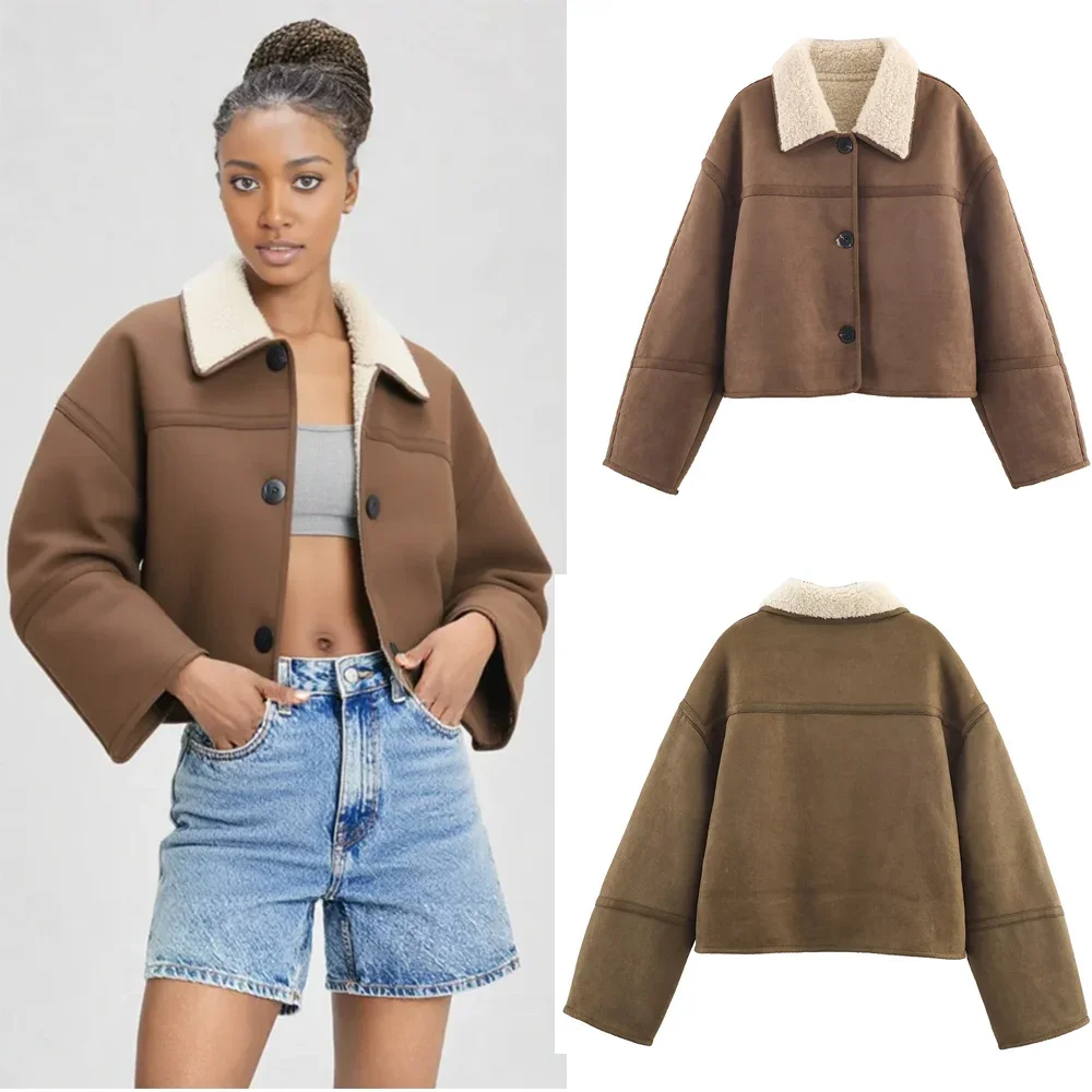 

5 Color Women's Lamb Fur Overcoat Flip-Front Faux Fur Lambskin Coat with Thickened Wool Lining Thickened Short Suede Top Coat