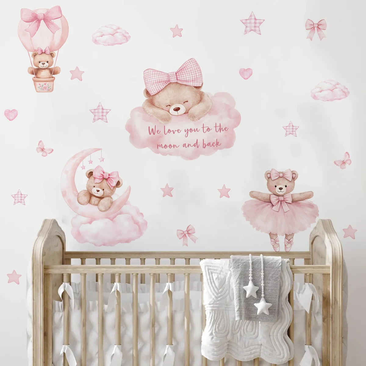 Cartoon Rosa Bär „Wir lieben dich...“ Wolken Stern Kinderzimmer Wandaufkleber Vinyl Kinderzimmer Kunst-Dekor Schlafzimmer Wohnzimmer Heimdekoration – Detail 3