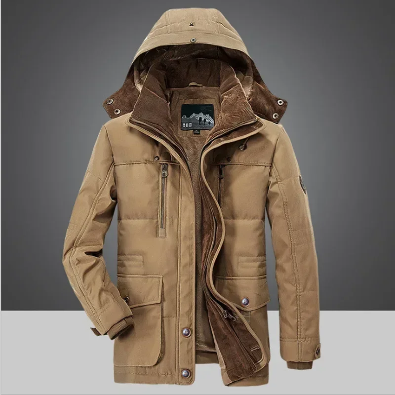 Chaqueta de lana gruesa con forro polar para hombre, Parkas cálidas con capucha, Chaqueta larga de algodón acolchada a prueba de viento para esquí, invierno, novedad de 2024