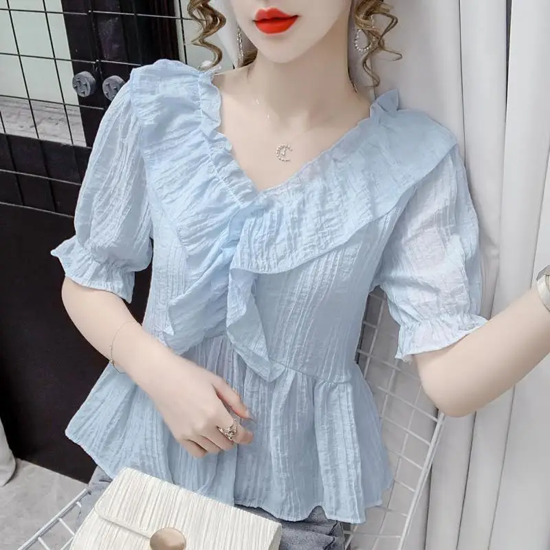 Women\'s Clothing 2024 New Summer Trendy Ruffles Kawaii Sweet Blouse Female V Neck Short Sleeve Slim Shirt Casual Solid Chic Tops