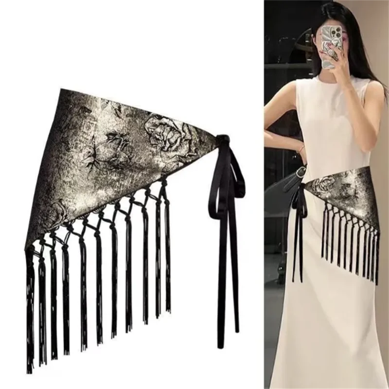 ผ้าพันคอสามเหลี่ยมสำหรับผู้หญิง สายคาดเอวสไตล์ชาติพันธุ์ ลายพิมพ์ตกแต่ง ผ้าฝ้าย เครื่องประดับคาดเอว พู่ห้อยประดับ