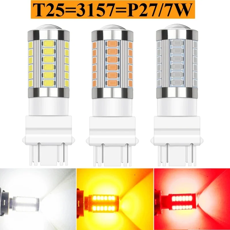 T25 3157 P27/7W Led Brake Light Reverse Backup Tail Bulb Moto Stop P27W 3457 Turn Signal Lamp Car Red White Amber 3156 12V