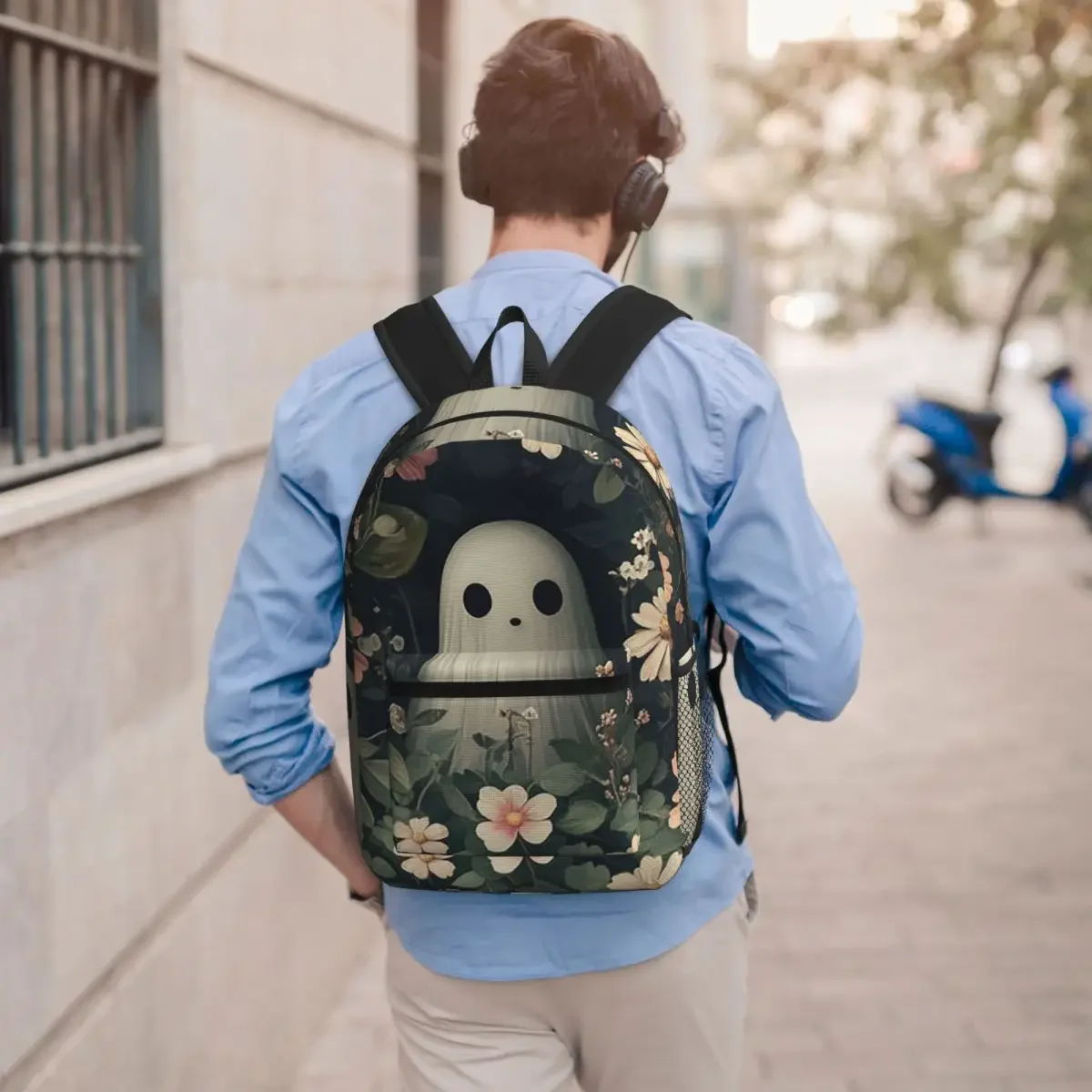 Cute Ghost Surrounded By Wild Flowers Student Backpack School Bag Hiking Travel Daypack for Men Women Bookbag Shoulder Bags