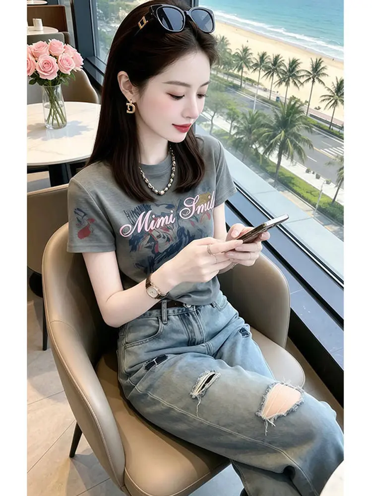 

Elegant Casual Women's Short Sleeve T-Shirt Summer New Style Slimming Print Top Fashion Versatile Loose Fit Breathable Skin-F...